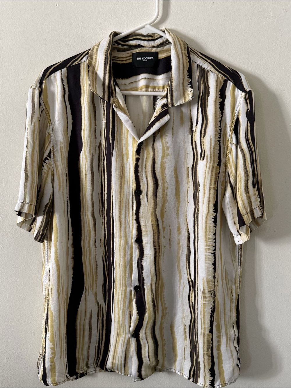 The Kooples Men’s Short Sleeve Striped Button-Up Shirt in Cream, Black & Tan